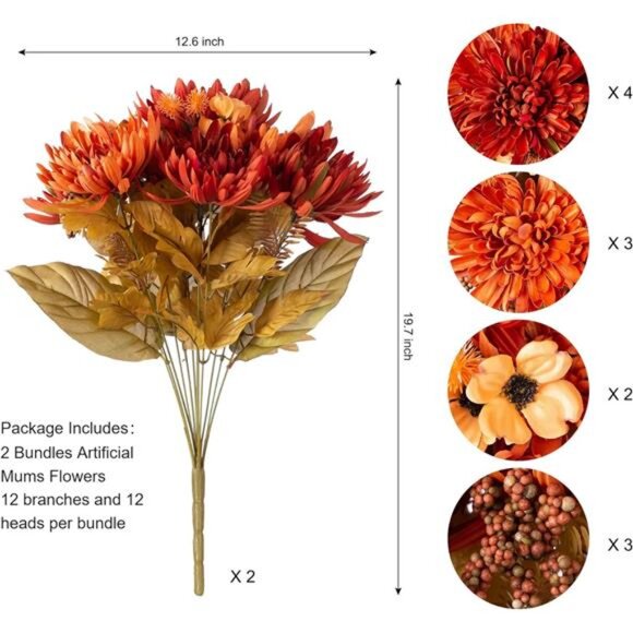 Artificial Fall  Flowers: 2 Bundles of Faux Silk Mums - Picture 3 of 7